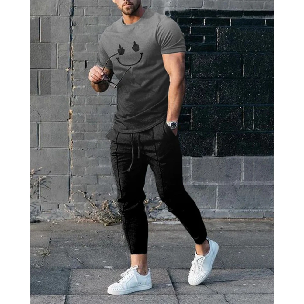 New Summer Men\'s T Shirt Set Short Sleeve Tracksuit Daily Casual 2 Piece 3D Smiling Face Printing Fashion Cool Streetwear Suit