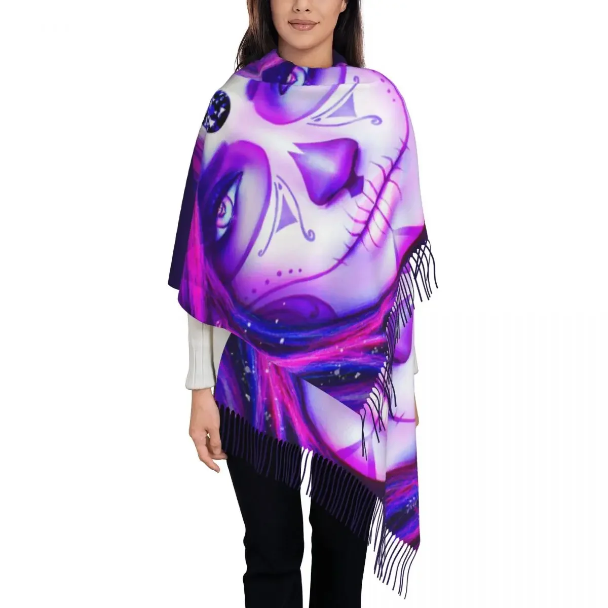 Custom Mexican Catrina Girl Tassel Scarf Women Winter Fall Warm Shawl Wrap Lady Halloween Day Of The Dead Sugar Skull Scarves