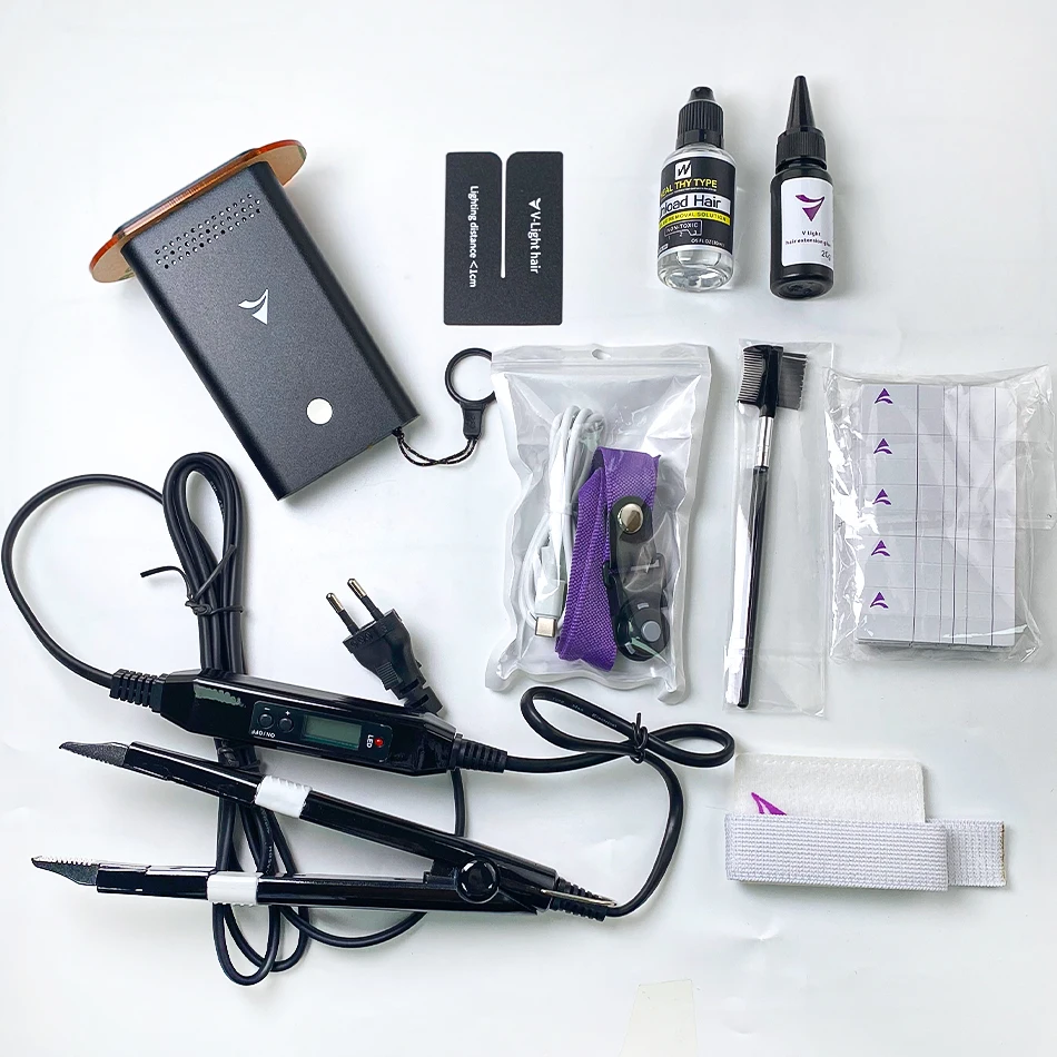 Máquina de extensión de cabello con tecnología v-light Original, Kit de instalación de pelucas, juego de herramientas con pegamento de extensión de cabello con luz en V