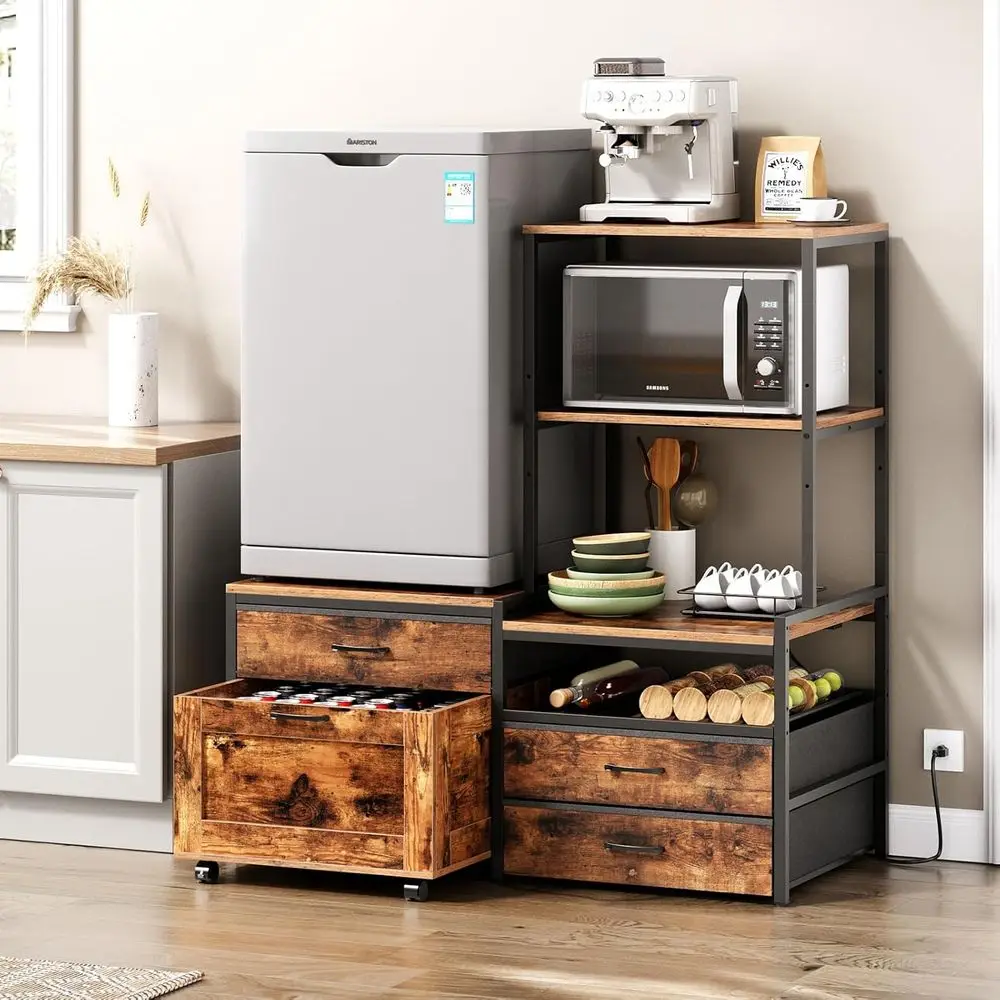 

Kitchen Bakers Rack with Wine Storage, Power Outlet, and Microwave Shelf