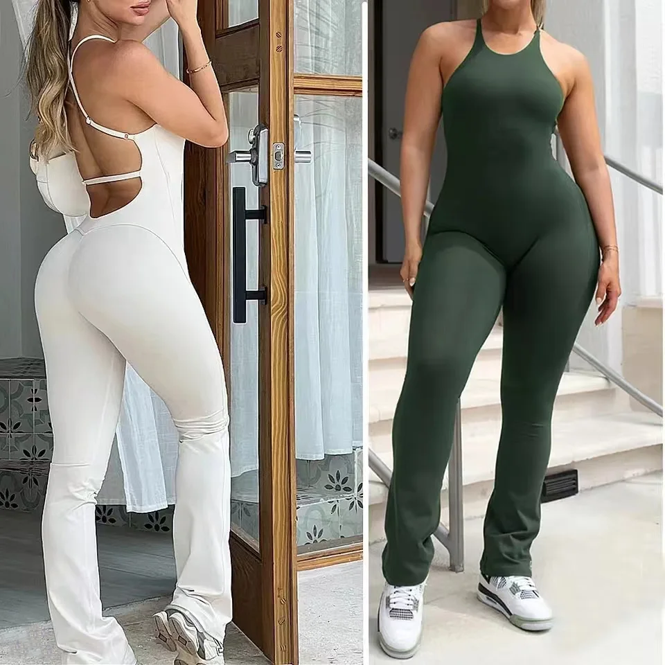 

New Nylon Pad Bunny Sportwear Fitness Yoga Set Workout Flared Legging One Piece Jumpsuit Pants Exercise Active Wear Bodysuit