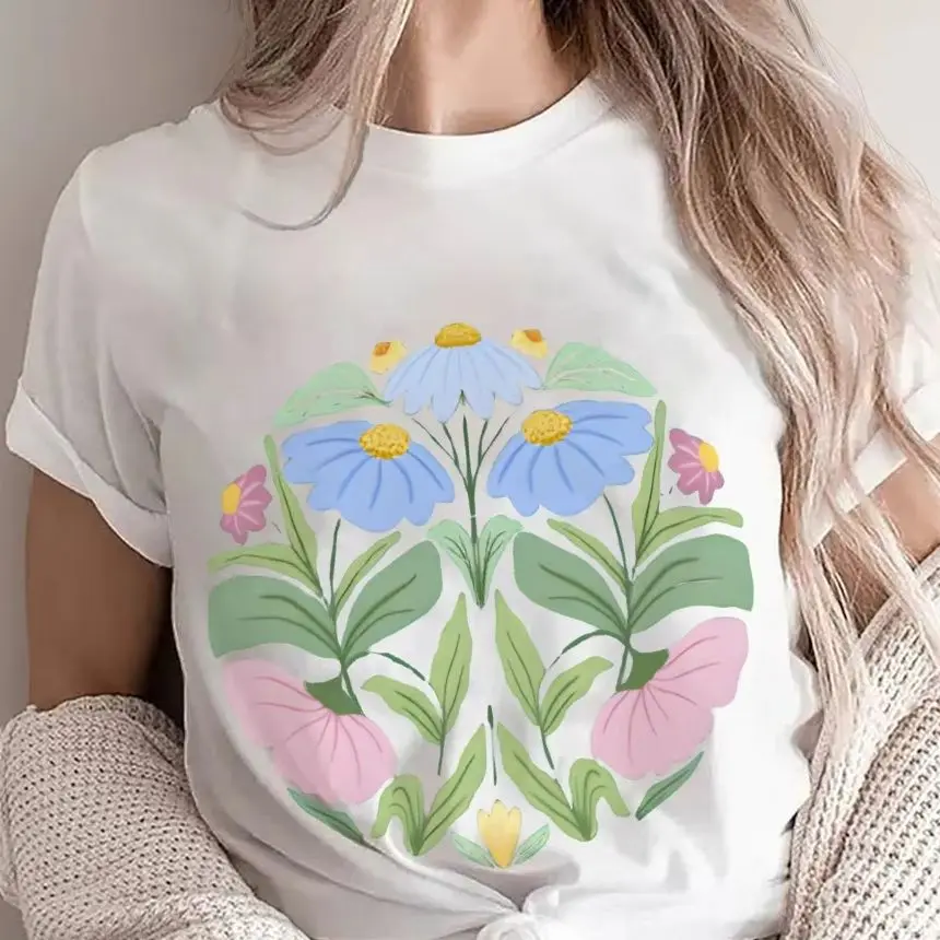 

Y2K Graphic T-shirt Floral Circle T-shirt 100% Cotton High Quality Oversize Colorful T-shirt Botanical Print Nature Y2K Vibe