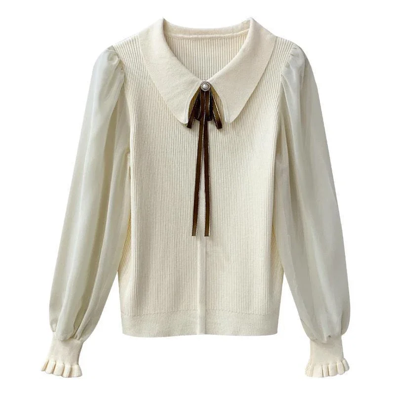 Women Chiffon Patchwork Sweater Lantern Sleeve Turn-down Collar Pullover Office Lady Sweater For Women 2024 Autumn