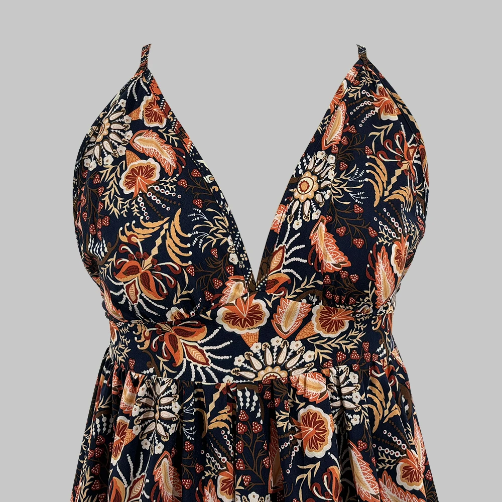 فساتين الصيف عطلة نمط الأزهار طباعة أكمام يغرق الرقبة منتظم صالح فساتين ماكسي كامي للنساء