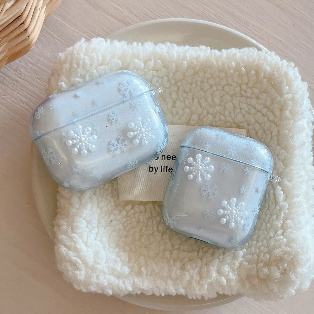 Korea 3D White Snowflakes Pendant Key chain Case Cover for AirPods 4 3 2 1 AirPods Pro 2nd Blue Transparent IMD Earphone Funda