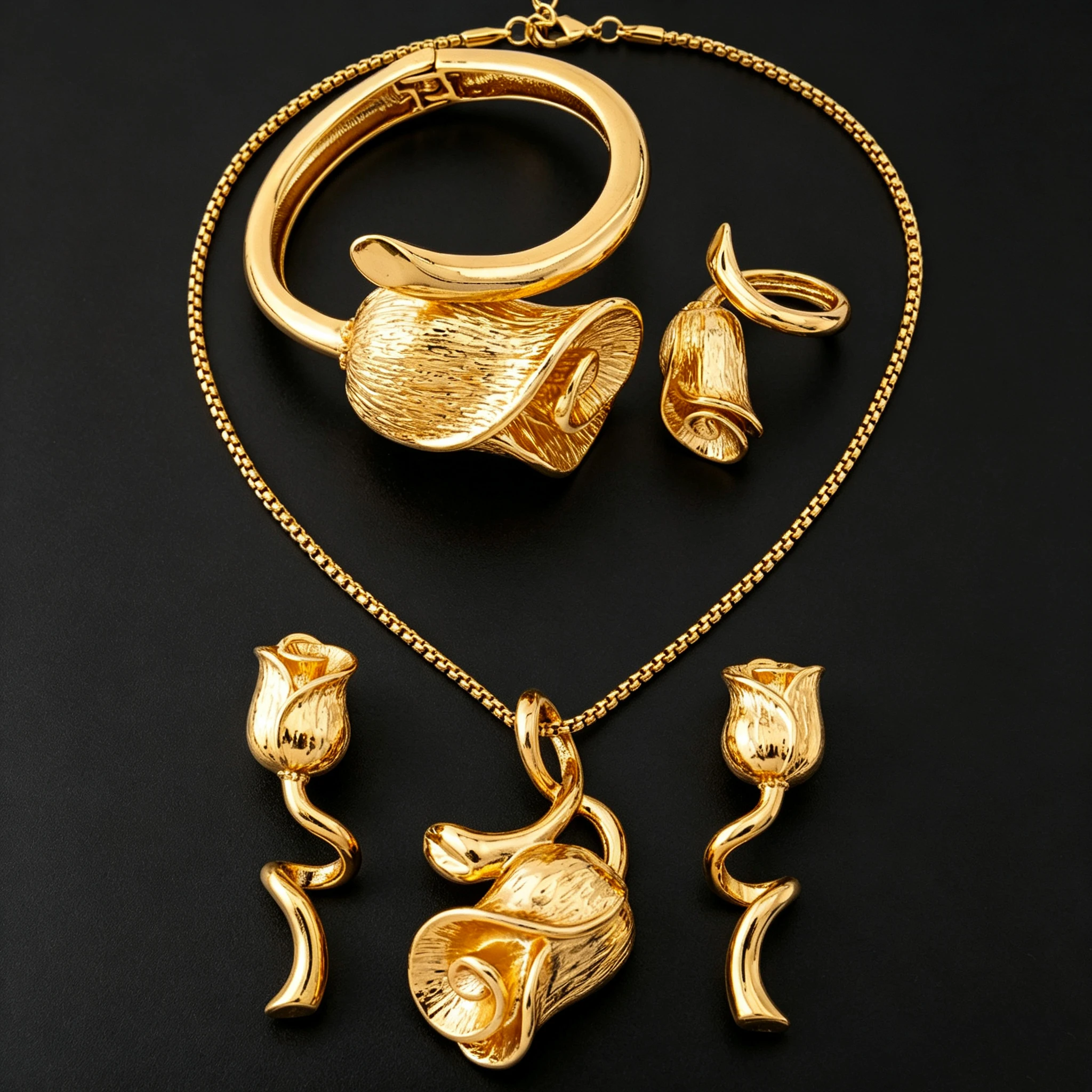 Golden Rose 4pcs Jewelry Set 18k Gold-plated Necklace Earrings Cuff Bangle Ring Women Brides Wedding Jewelry Accessories Gifts
