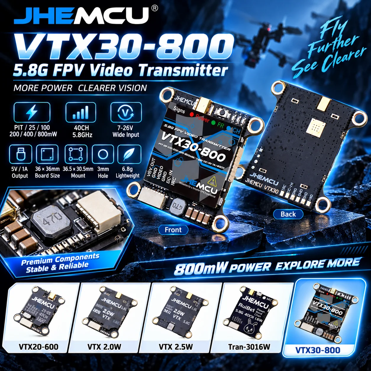 JHEMCU VTX 2.0W 2.5W VTX20‑600 VTX30‑800 Tran‑3016W 1.6W 5.8G FPV Transmitter For RC Airplane FPV Long Range Racing Drone Parts