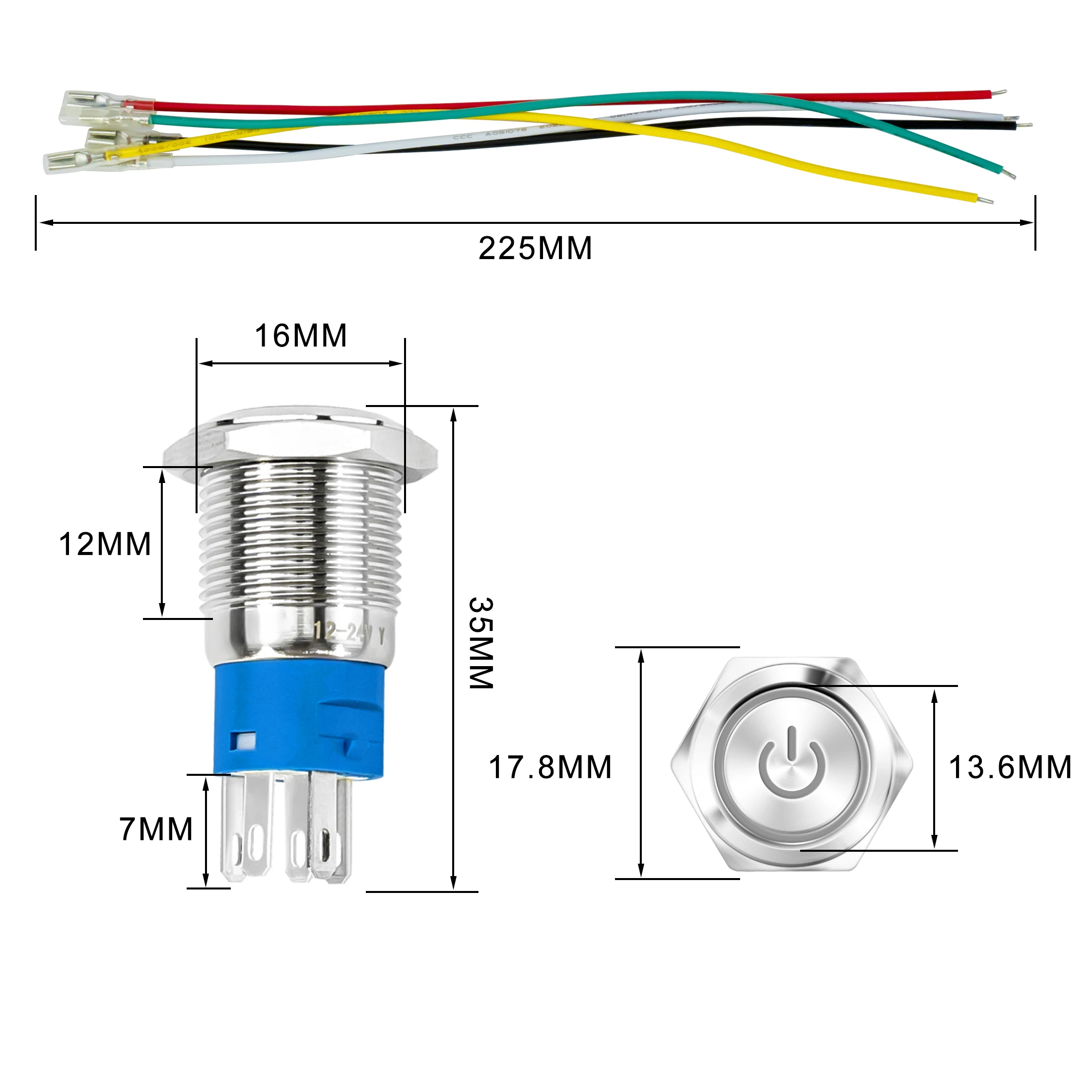 16mm Metal Push Button Switch  Ring Lamp Power Symbol Waterproof  LED Light Self-reset/Lock ON-OFF Momentary Latching Button