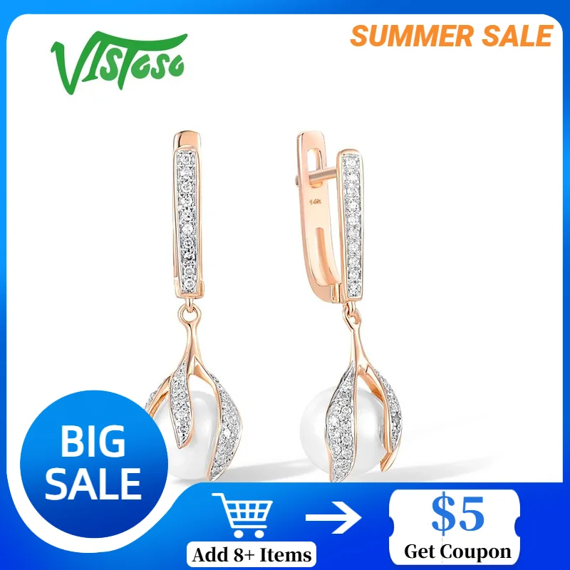 

VISTOSO Real 14K 585 Rose Gold Earrings For Women Fresh Water White Pearl Sparkling Diamonds Dangling Party Elegant Fine Jewelry