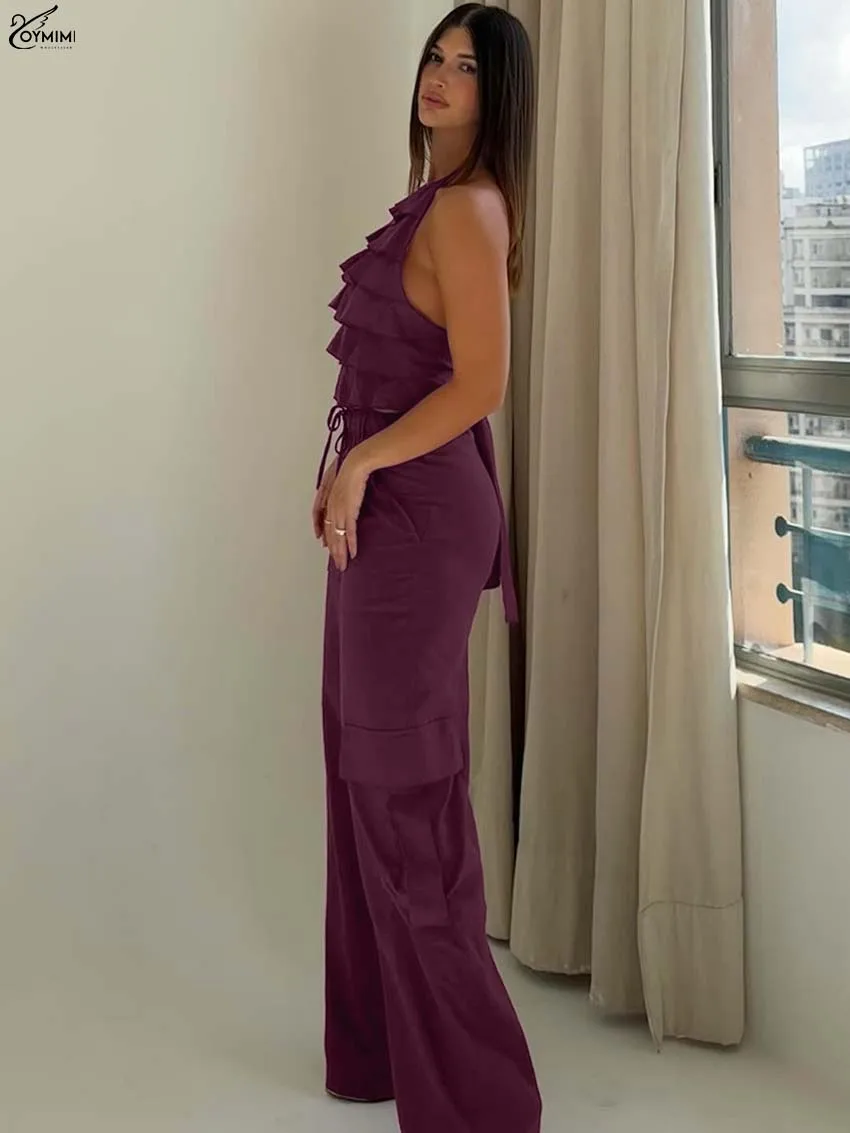 Oymimi موضة النبيذ الأحمر القطن 2 قطعة مجموعة للمرأة عادية الرسن الرقبة تكدرت مفتوحة الظهر الدانتيل متابعة القمم و الرباط فستان أطفال مع سروال داخلي