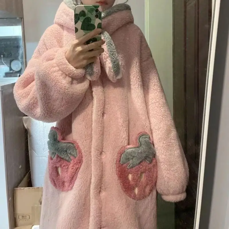 Nowa koszula nocna damska z kapturem, piżama, szlafrok, jesienno-zimowa, z długim rękawem, miękka i ciepła odzież domowa