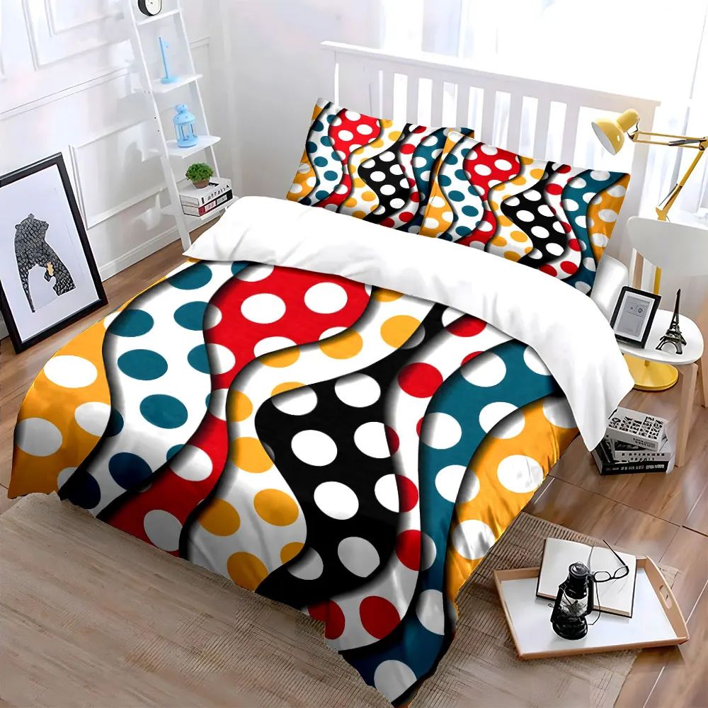 3Pcs Retro Funky Bedding Set, Wavy Colorful Polka Dot Pattern Print Duvet Cover, Teen Bedroom Decor, gifts