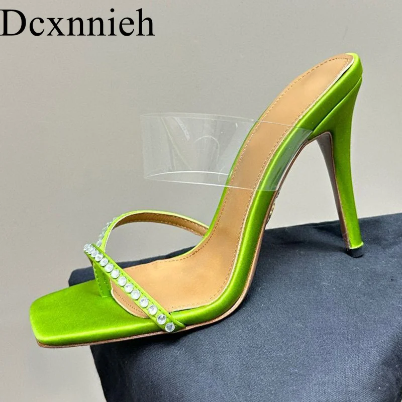 2024 Summer PVC Thumb Heel Sandals Women's Simple Crystal Decoration Sexy High Heel Slippers Fashion Banquet Dress Shoes