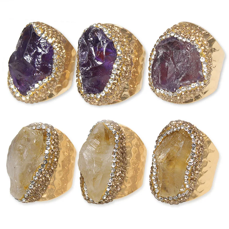 Handmade genuine natural crystal rough stone inlaid ring irregular citrine amethyst  natural stone open jewelry