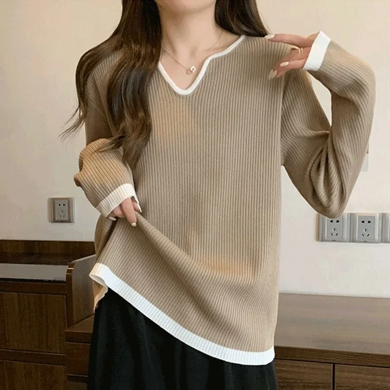 

Женский свитер с длинным рукавом, Свободный Повседневный пуловер с V-образным вырезом, трикотажный джемпер, Осень-зима 2024