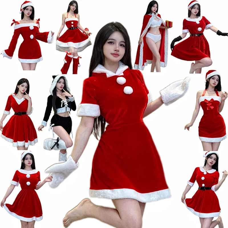 

Women Christmas Suit Costumes Adults Lady Hooded Sexy Velvet Santa Claus Theme Xmas Party Fancy Multiple Styles Dress Cosplay