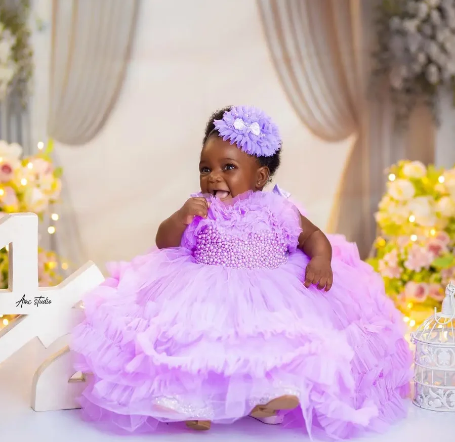 

Lavender Baby Girls Birthday Party Dress Beaded Pearls Ruffles Flower Girl Dresses Baby Kids Ball Gowns for Photo Shoot