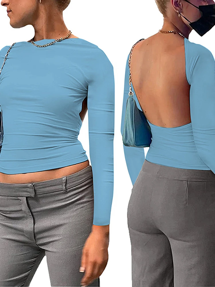 الخريف المرأة تي شيرت طويل الأكمام س الرقبة أسود مثير عارية الذراعين بسيط المحاصيل الأعلى عادية Bodycon موضة الصلبة الأساسية تي شيرت الإناث #2