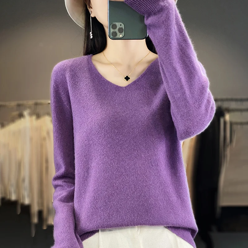 Women 100% Merino Wool Sweater V-Neck Basic Pullover Autumn Winter Cashmere Clothing Long Sleeve Soft Knitwear Tops Solid Color