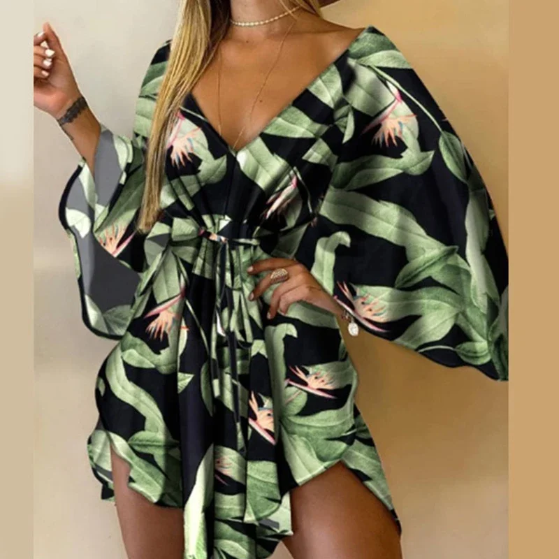 

Sexy V-Neck Women Mini Dress Casual Leaf Leopard Print Harajuku Batwing Sleeve Dress Lady Elegant Lace-Up Irregular Party Dress