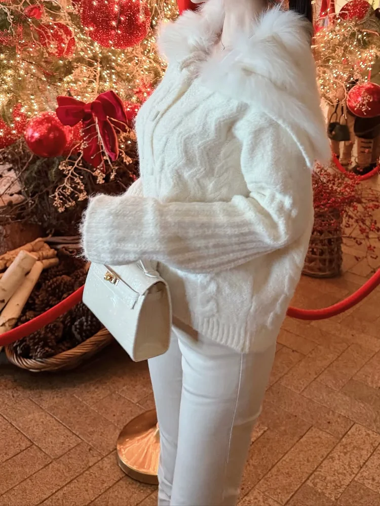 

Chic Women White Fur Patchwork Cardigan Fashion Solid Long Sleeve Single Breasted Thread Loose Sweater 2026 Lady Street Knitwear