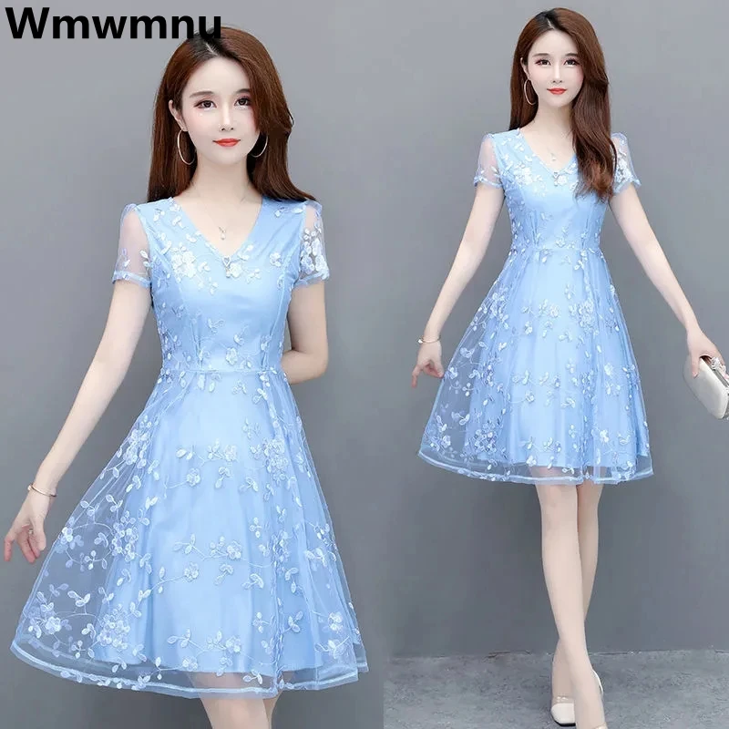 Mesh Embroidery Oversize 4xl Slim Mini Dress Short Sleeve Summer Elegant V-neck Vestido Korean New Casual A-line Fashion Dresses