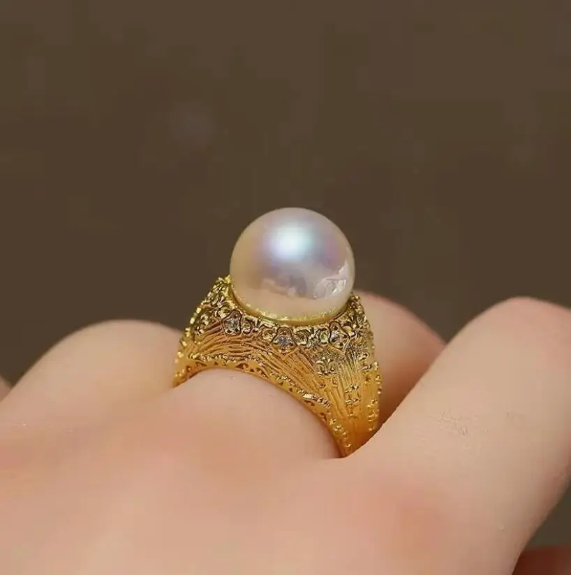 

charming 11-12mm south sea round white pearl ring 925s