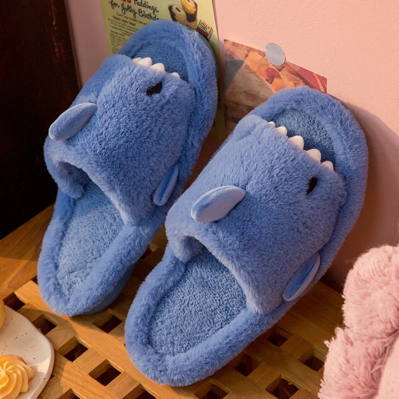 

Autumn And Winter Cartoon Shark Wool Slippers For Women Soft Home Men's Indoor Household Open Toe Plush Cotton Slippers