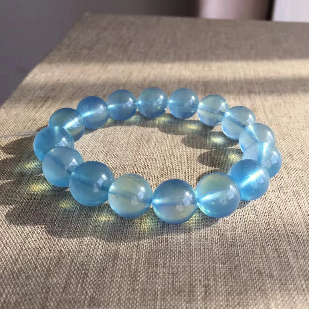 Natural Blue Aquamarine Round Beads Bracelet 13mm Women Men Gift Fashion Brazil Deep Blue Aquamarine Jewelry AAAAA