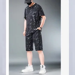 Summer Plus Size Loose Casual Suit Men Ice Shreds Net Yarn Breathable Short Sleeved T-shirt Elastic Waist Shorts Two Piece Set