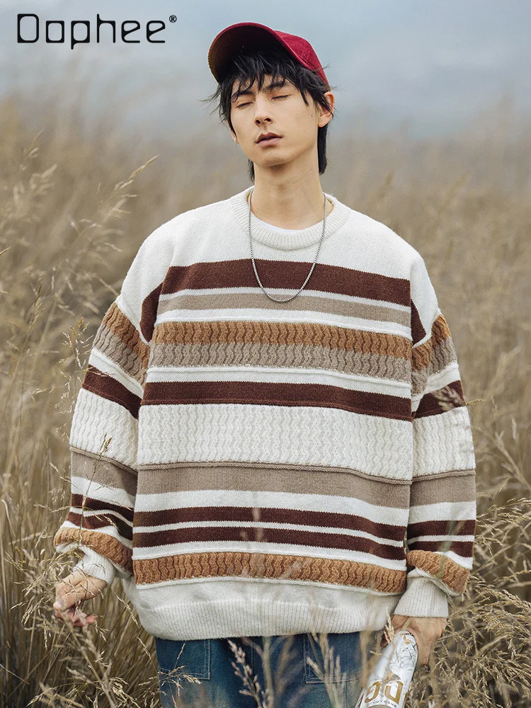 

2025 Autumn Winter Men's Crew Neck Striped Off-White Color Block Sweater Casual Loose Warm Khaki Black Knitwear