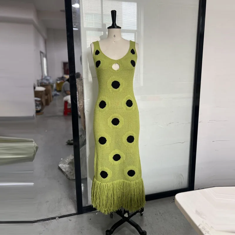 Black Polka Dot Knitted Dress V Neck Hollow Out Fringe Hem Long Maxi Dress  Women's Elegant Party 2025 Summer New Evening Gown - AliExpress 200000345