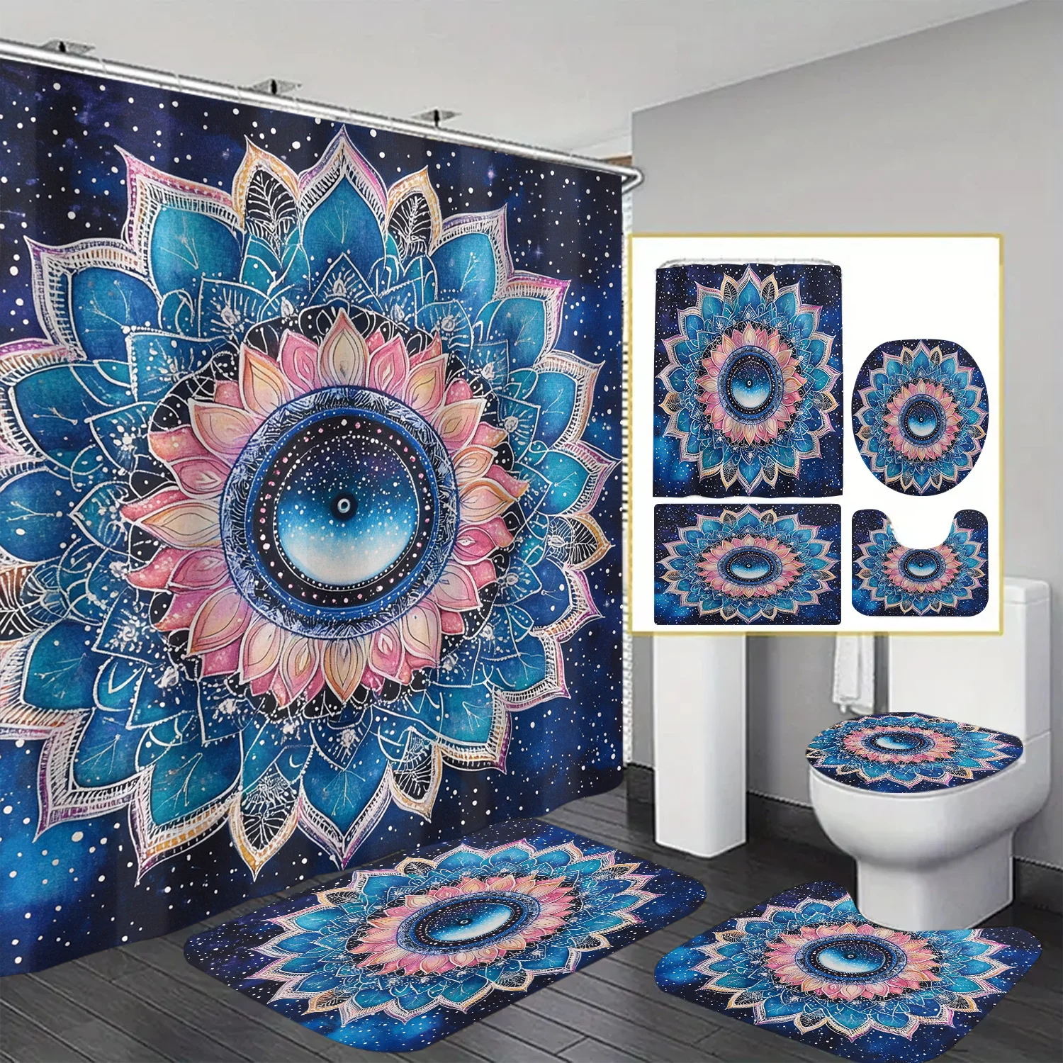 

Mandala Flower Design Waterproof Bathroom Set with 12 Hooks, Polyester Non-Woven Fabric Bath Curtain, Machine Washable, Artistic