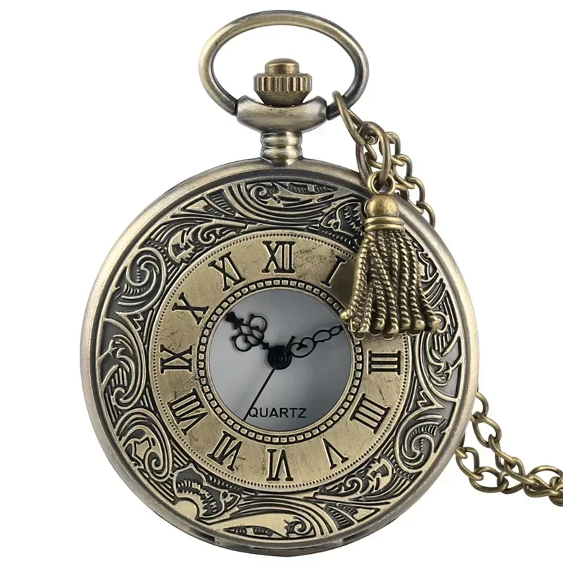 Old Fashion Pocket Watch Carved Roman Number Case Bronze Quartz Movement Timepiece Pendant Tassels Necklace Chain Gift
