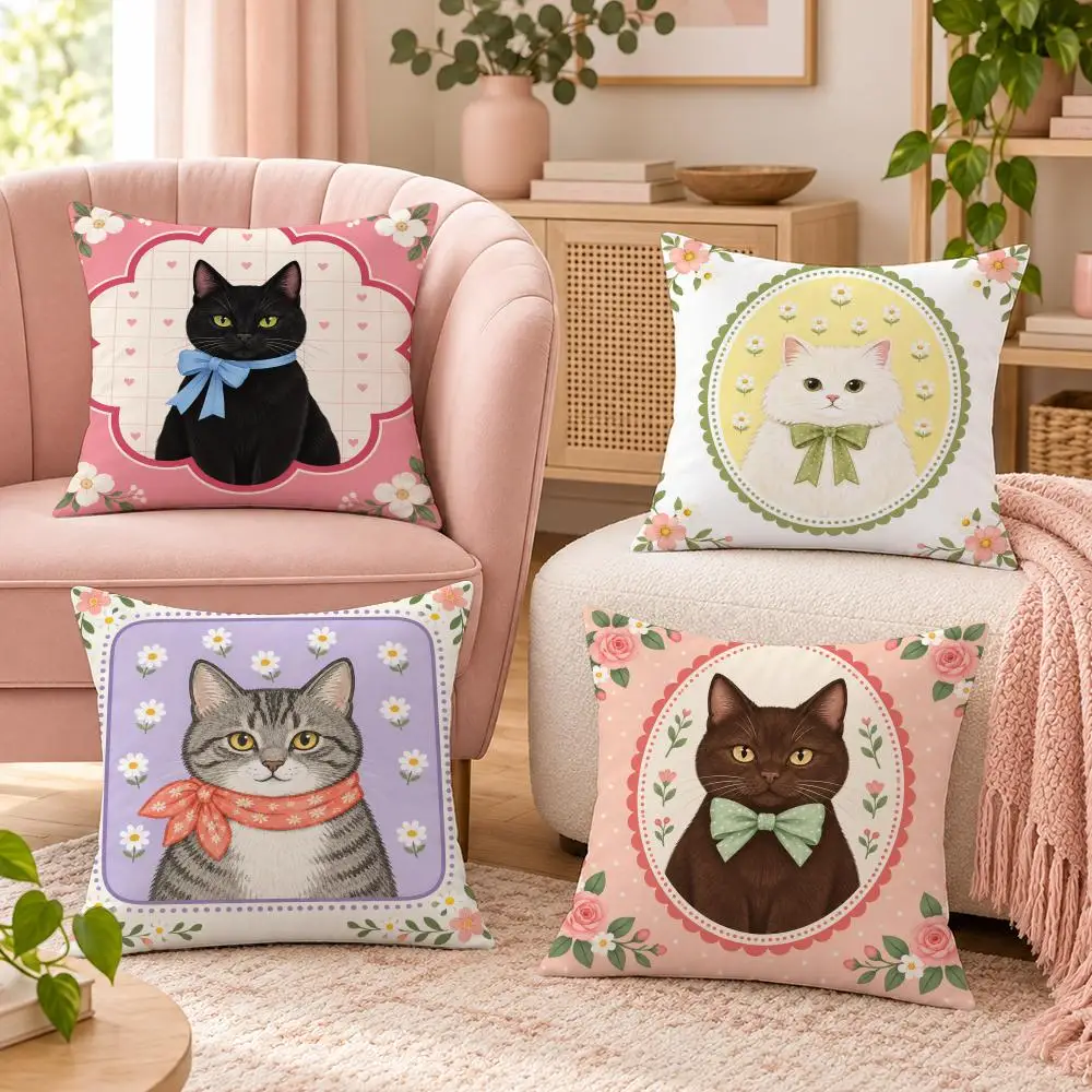 Cute Cartoon Cat Photo Frame Art Cushion Cover Pillow Case Organic Short Plush Cushion Covers Washable Wrinkle-Resistant