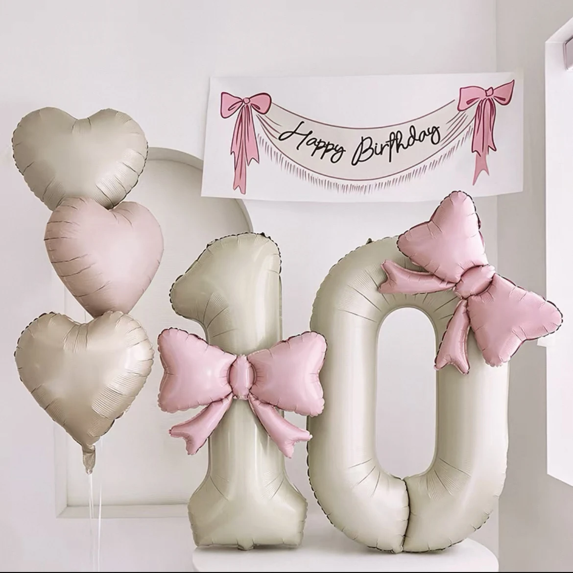 32inch Brown-White Number 8 Foil Balloon with Light Pink Bow - Birthday/Anniversary Party Decor