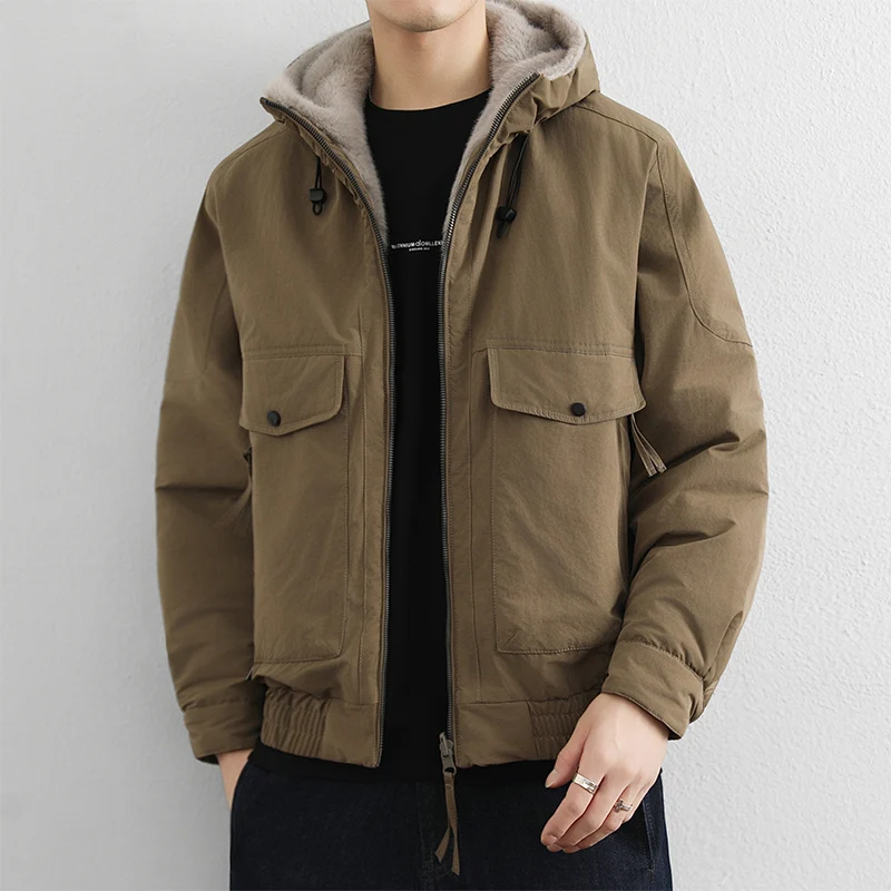 Fashion Men\'s Mid-Length Hooded Fleece Jackets Winter Windproof Fur Collar Thick Plush Coats Youth Streetwear Warm Padded Parkas