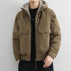 Fashion Men's Mid-Length Hooded Fleece Jackets Winter Windproof Fur Collar Thick Plush Coats Youth Streetwear Warm Padded Parkas