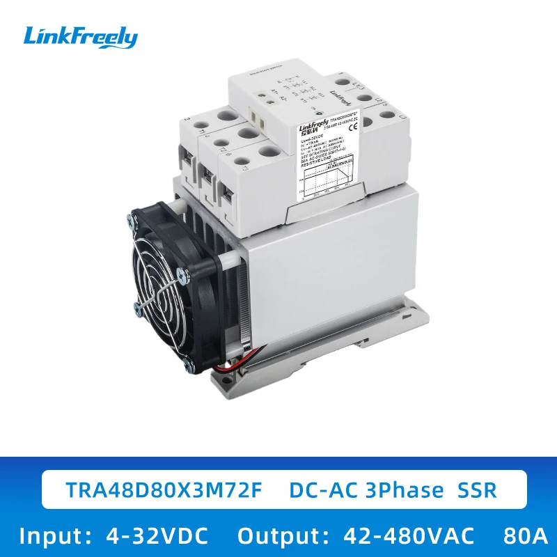 TRA48D80 3M72F Ultra-Thin DC Control AC Three-Phase Solid State Relay Module with fan Heat Sink and Din Rail Mounting 80A 480VAC
