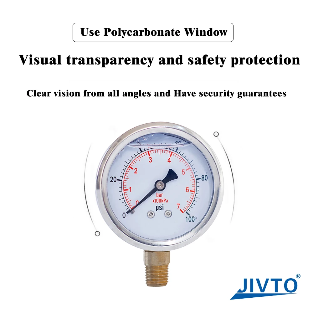 JIVTO Medidor de pressão cheio de glicerina de 2,5 polegadas - montagem inferior NPT de 1/4 ", 30-10000 PSI/barra, óleo hidráulico, ar e água