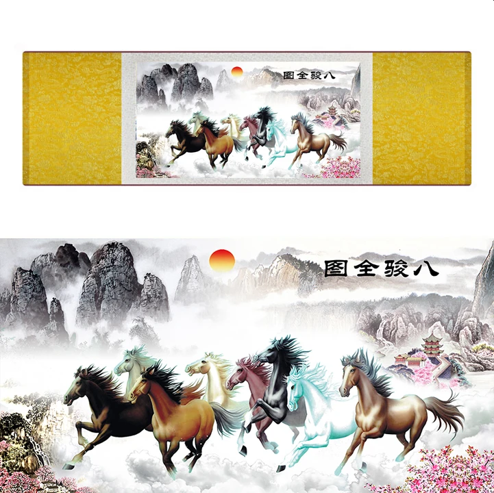 top quality Chinese Horse silk painting  Horse art painting Silk scroll art painting eight horse painting19062804