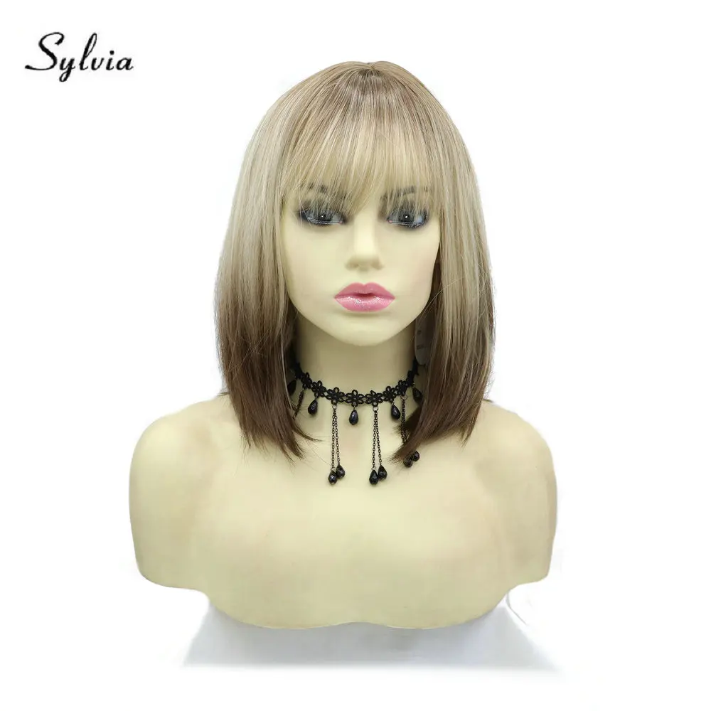 

Sylvia Ombre Brown Synthetic Wig with Brown Roots Short Bob Wig with Bangs Brown Heat Resistant Wigs for Women Full Machine Made