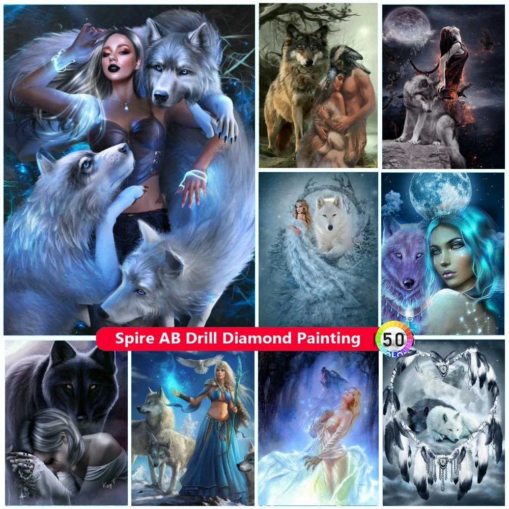 Crying Fantasy Gorgeous Wolf Girl 5D AB Drill Diamond Painting Beautiful Women Animal Picture Embroidery Cross Stitch Home Decor