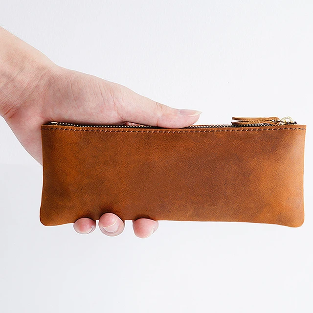 Vintage prawdziwej skóry zapinany na zamek piórnik ze skóry wołowej organizer na artykuły biurowe obsadka do pióra etui na przybory do pisania torba na akcesoria podróżne