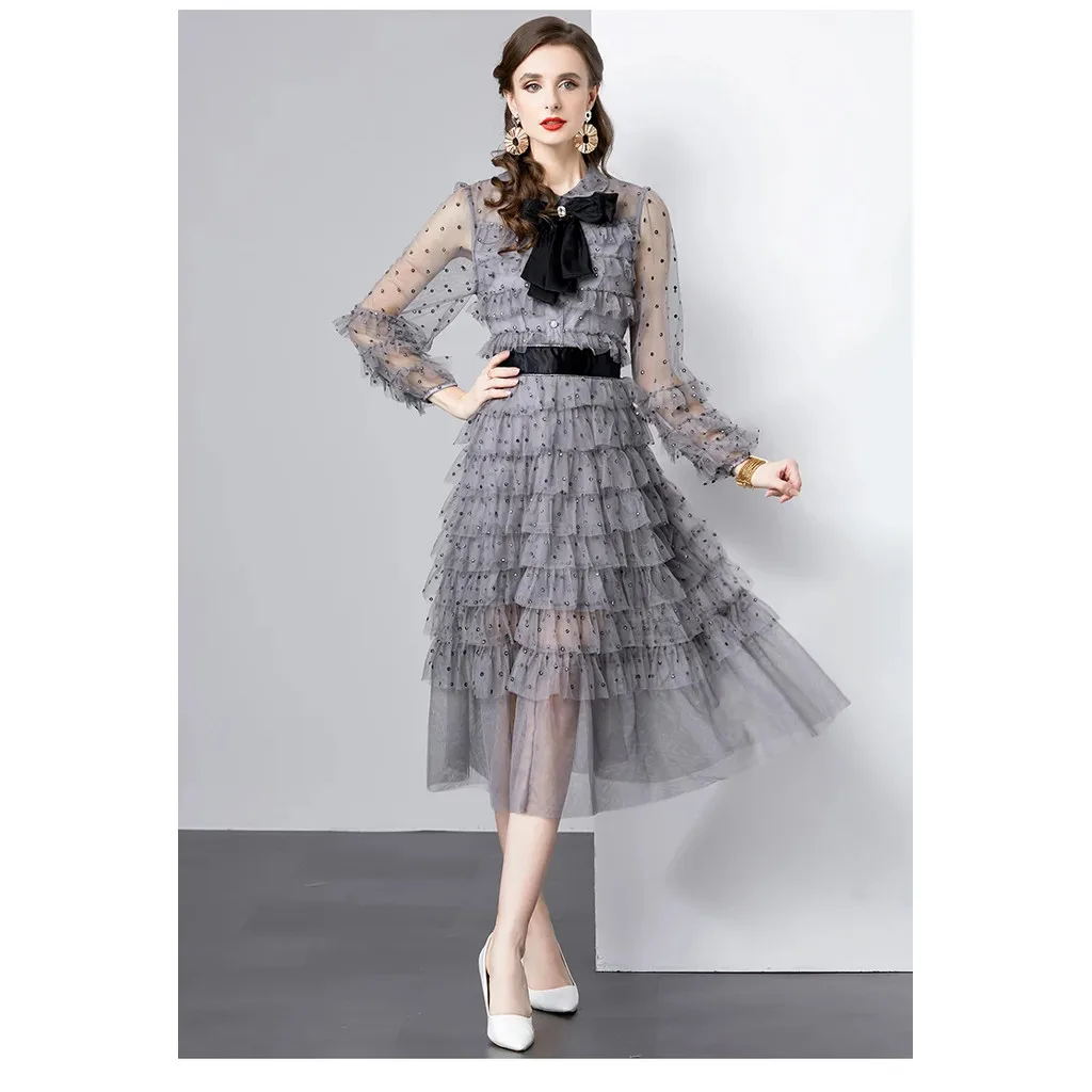 Moda verão bowknot bolinhas folha midi vestidos de festa longos em camadas babados elegante vestido linha a