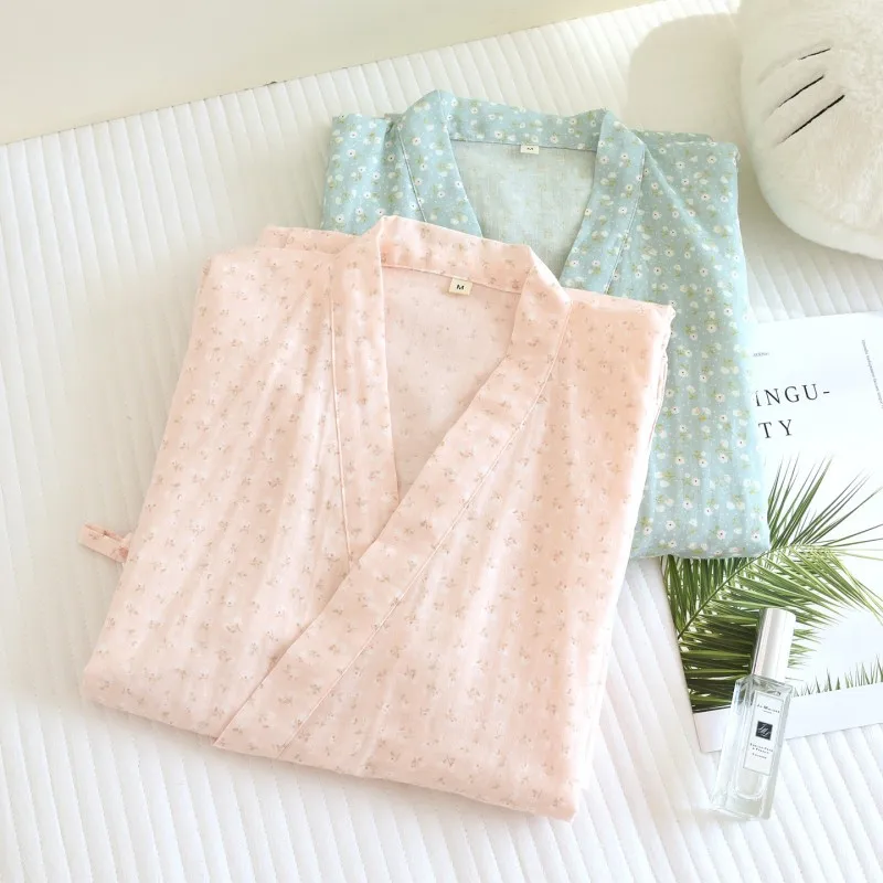 Spring Summer Women Robe 100% Cotton Crepe Bathrobe Female Long Sleeve Dressing Gown Breathable Simple Robes Home Clothes