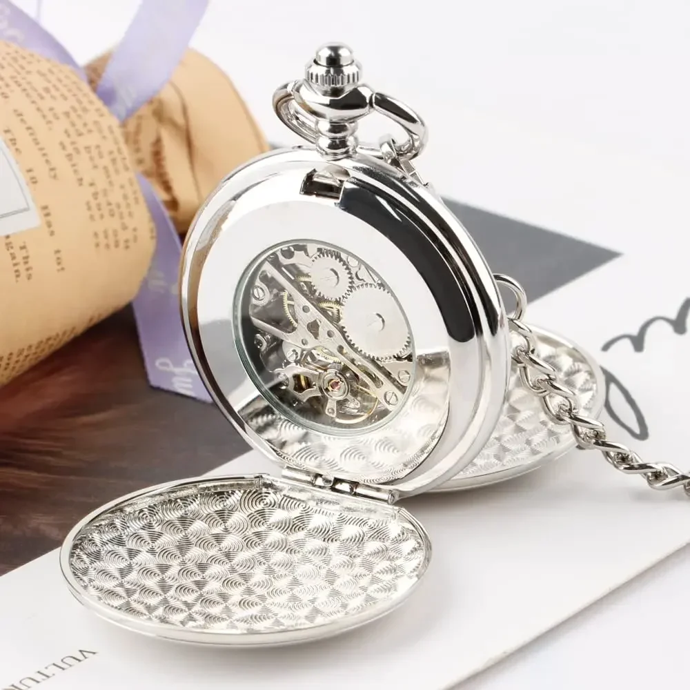 Vintage Silver Pocket Watches Mechanical Business Hand Wind Steampunk Necklace Fob Watch Chain Roman Numeral Clock for Women Men