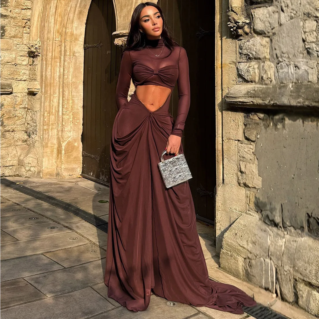 

Сексуальная облегающая длинная юбка с высоким воротником и разрезом через плечо, женская модная осенняя новая юбка с высокой талией из молочного волокна