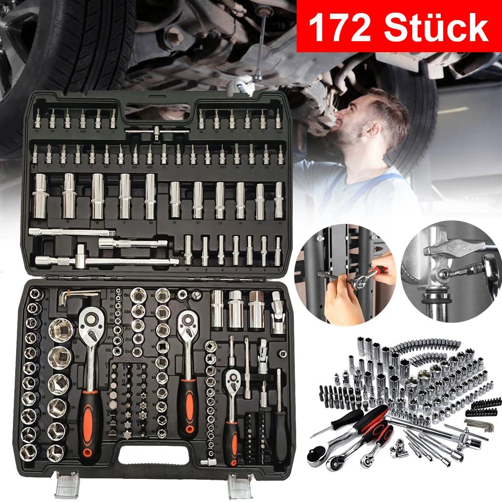 Jeu de clés à douille à cliquet 172 pièces, kit d'outils combinés 1/4 3/8 1/2, en acier au chrome vanadium, pour réparation automobile, moto, vélo, entretien mécanique, avec coffret de rangement robuste, poignée ergonomique en TPR, polyvalent, portable et durable