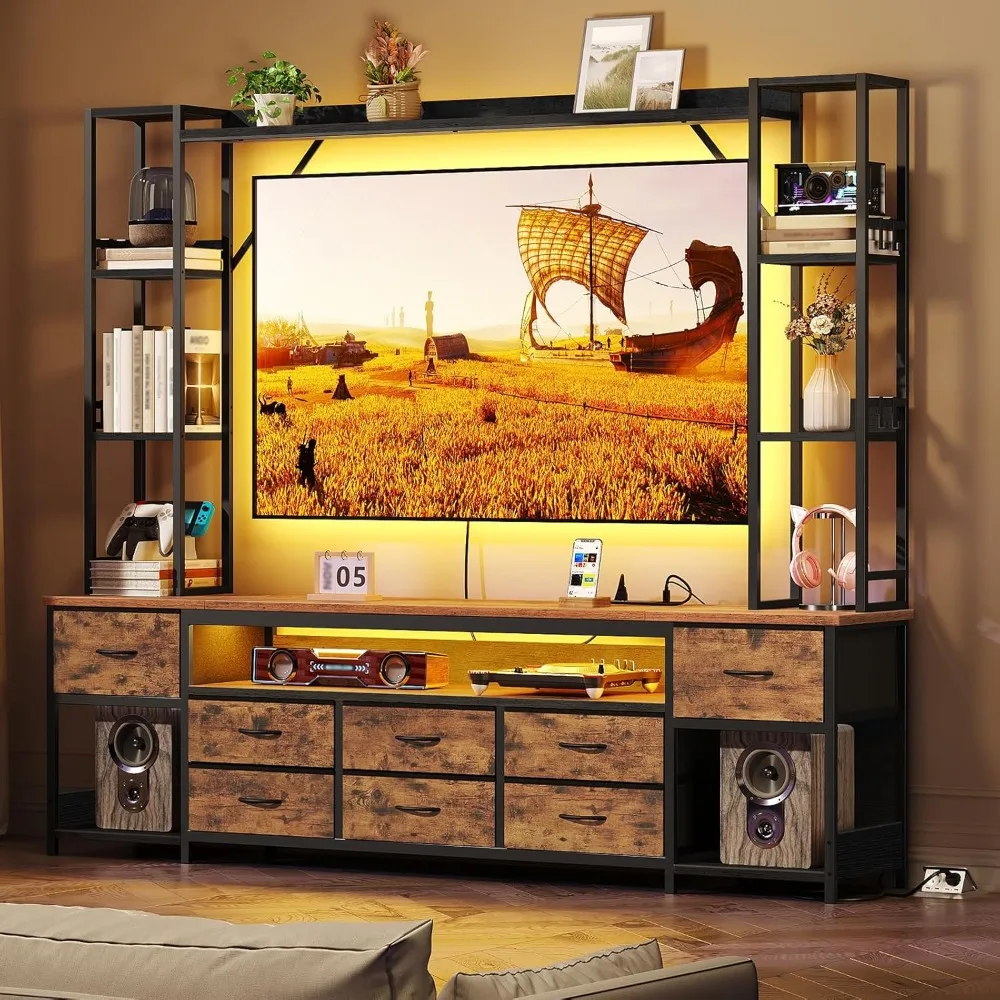 حامل تلفزيون مع منافذ طاقة حتى 65 بوصة، مركز ترفيه وحدة حائط كبيرة LED مع رف كتب، حامل تلفزيون خزانة مع 8 PU Dr